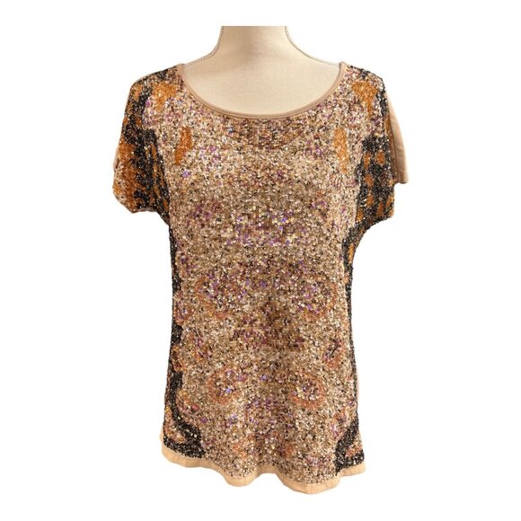 Sundance Top Womens L‎ Tan Mixed Full Sequin Leopard Print Shirt Party Cocktail - Picture 1 of 6